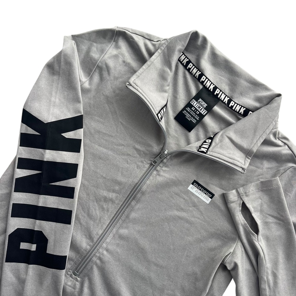 PINK Victoria's Secret XS Lt Gray Thumbholes Ultimate Half Zip Athletic Pullover